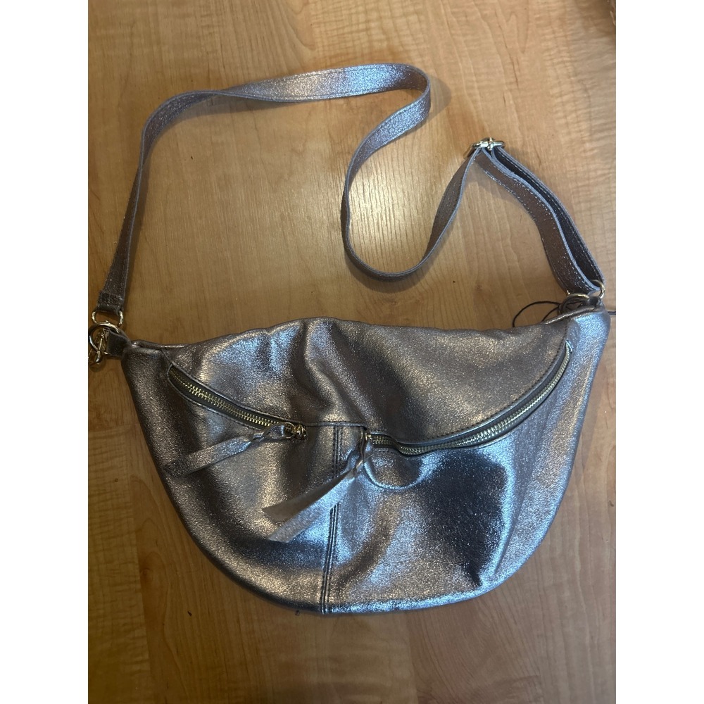 Metallic Gold Leather Slouchy Crossbody Bag Crescent Moon Gold Hardware